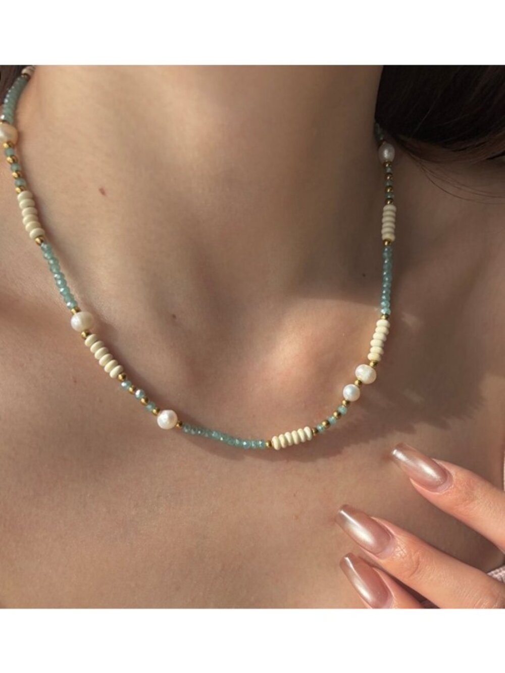 Aqua Blue Beaded Necklace w/Pearl & Shell Beads Waterproof Jewelry Beachy